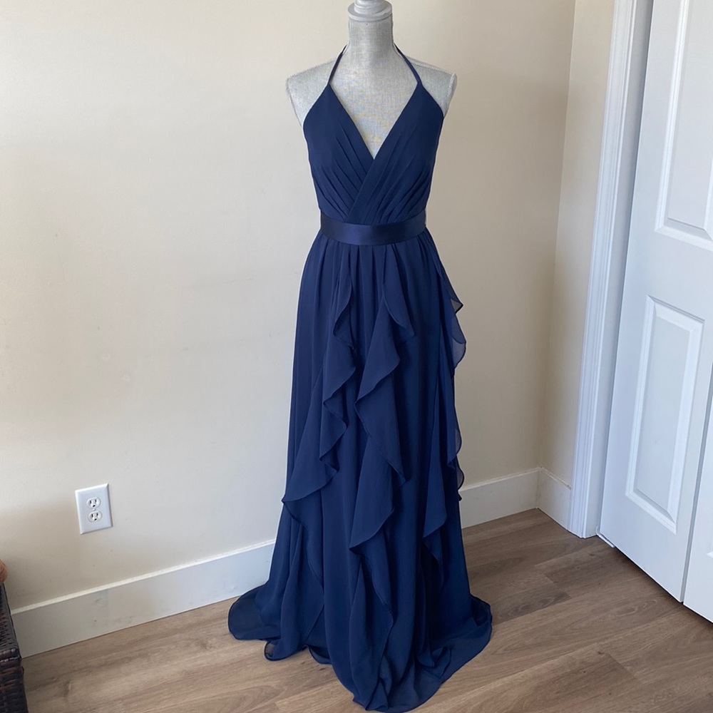 Vera Wang Whimsigoth Fairycore Long Chiffon Ruffled Halter Dress Navy Size 4